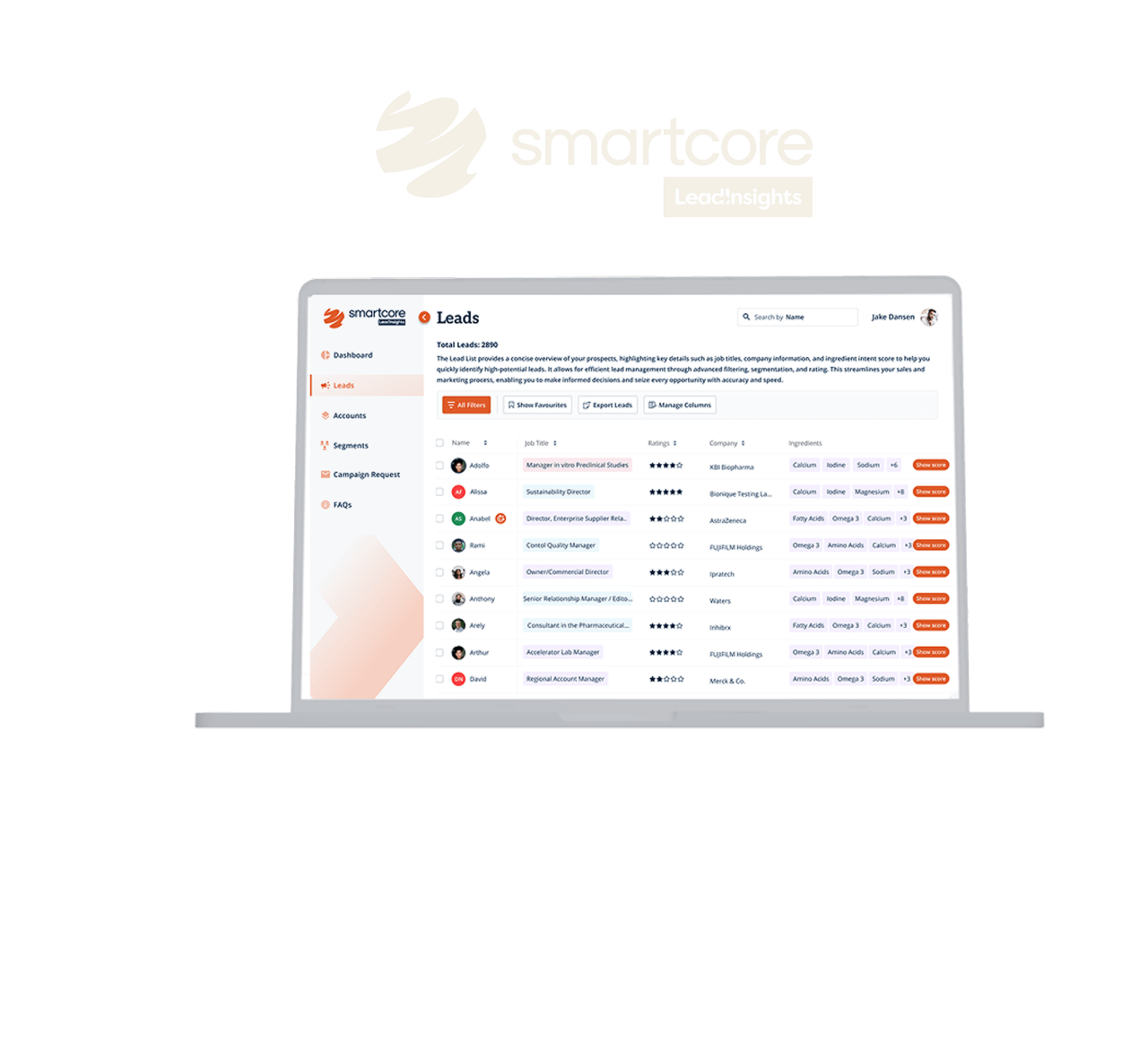 Illustration of laptop with a screenshots of Smartcore lead insights dashboard